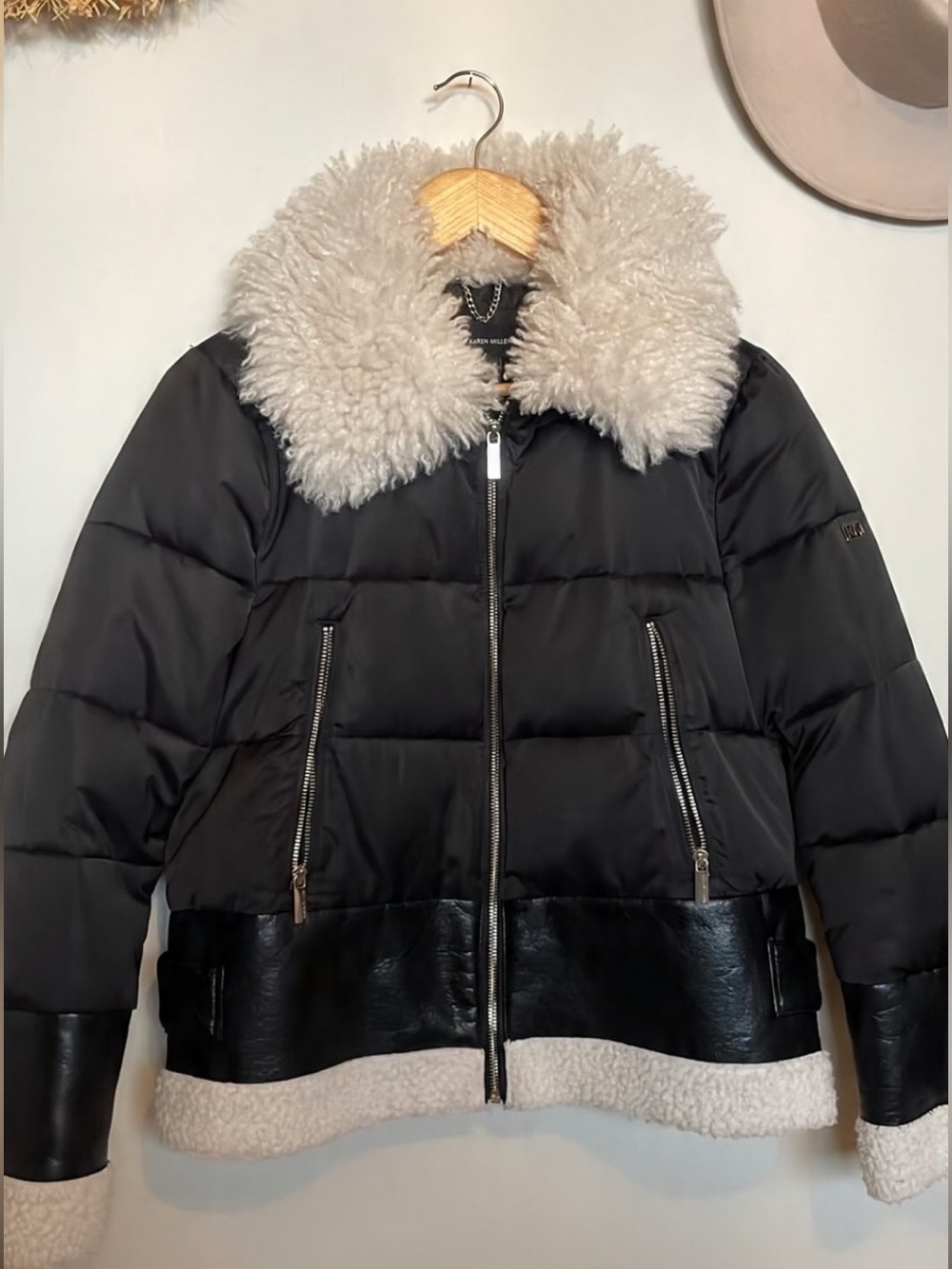 Womens Black Puffer Moto Jacket with Shearling Trim